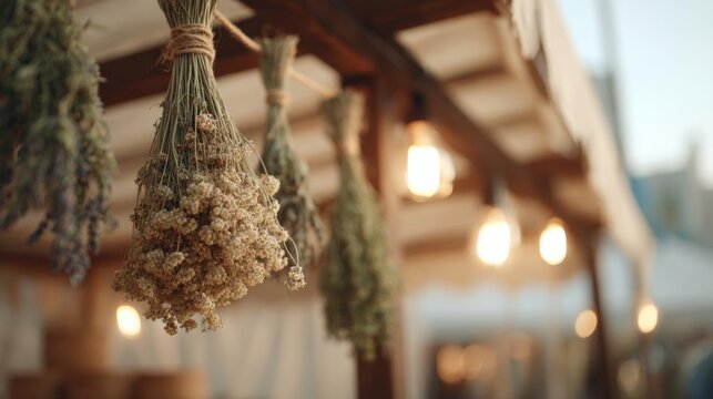 Bunch of dried flowers hanging from a wooden beam. the flowers are tied together with twine and appear to be dried and wilted.