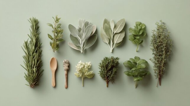 Flat lay of various types of herbs arranged in a grid-like pattern on a light green background. there are nine herbs in total, arranged in two rows and three columns.