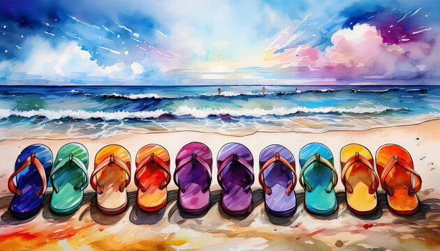 Colorful flip flops lined up on a sunny sandy beach
