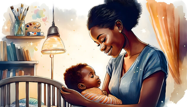 Smiling mother holding her infant in a cozy nursery