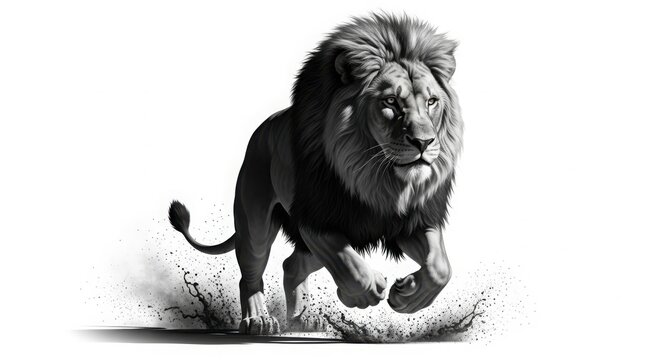 Intense lion running forward with dust clouds and mane flowing black and white big cat predator wildlife strength