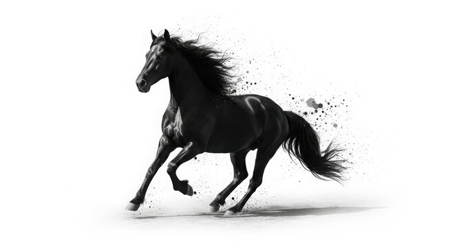 Magnificent black horse running with dynamic motion and abstract splash effect on white background movement strength