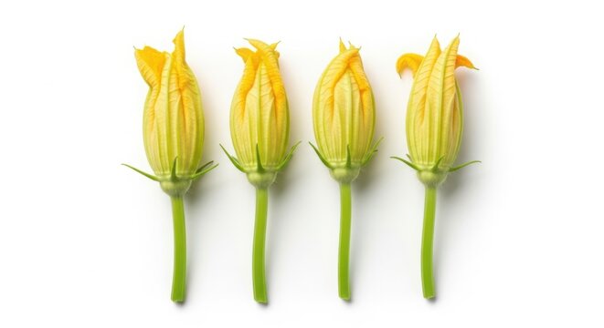 Four unopened yellow zucchini flowers on white background with zucchini unopened blossoms vegetable background