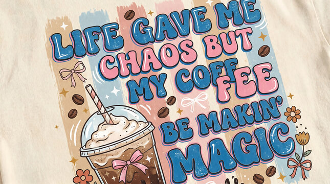 bold trendy retro preppy typography graphic with the phrase: "Live Gave Me Chaos But My Coffee Be Making`Magic"