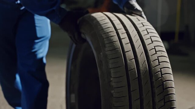 Mechanic in blue coveralls with protective gloves inspecting a car tire tread in a dim garage workshop, evaluating wear patterns, safety condition, and readiness for road use