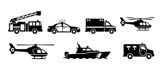Fototapeta premium Emergency Services Vehicles Icons Set, Police Car and Fire Truck, Ambulance, Helicopter and Rescue Boat Silhouettes for Public Safety and First Response Transportation Graphic Design Assets on White B