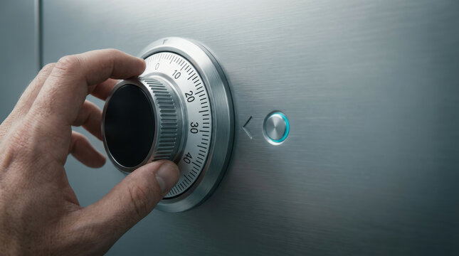 Brushed metal safe dial with hand turning combination lock, secure vault door with glowing blue indicator, financial security and protection concept