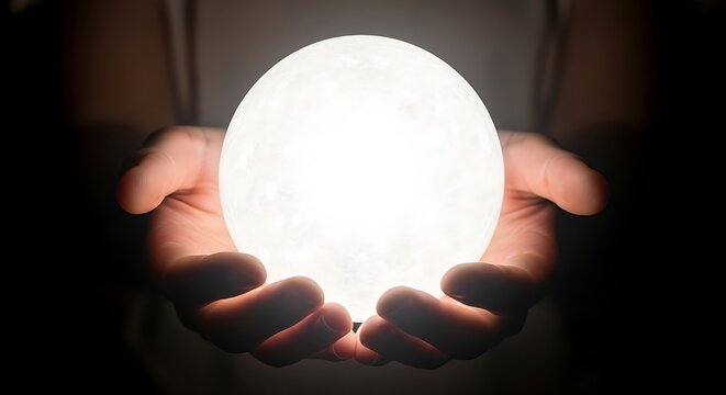 The soft radiance of a celestial orb cradled in human hands, evoking wonder, profound mystery, and the promise of discovery in an uncertain future