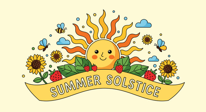 A cheerful cartoon sun with a smiling face, surrounded by sunflowers, strawberries, leaves, butterflies, and bees, celebrating the Summer Solstice.