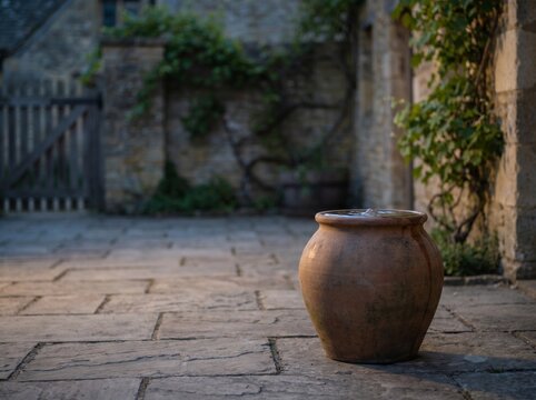 Rustic Terracotta Clay Pot (Olla) Water Feature in an English Garden Courtyard; Traditional Ceramic Urn Planter on Stone Pavement with Soft Evening Light.