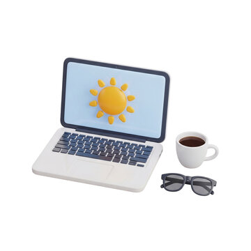 3D Illustration of Laptop with Sun Icon Coffee Cup and Sunglasses for Summer Vacation or Remote Work Concept
