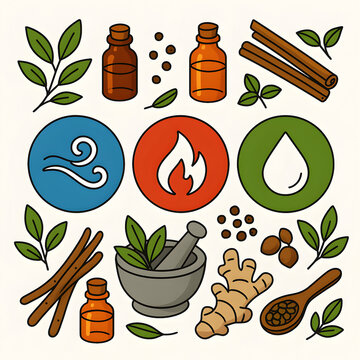 Ayurvedic Tridosha Elements with Herbs and Oils Illustration