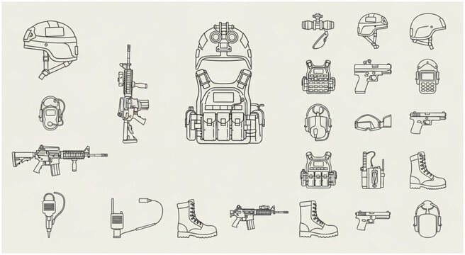 Military equipment illustration featuring various tactical gear and weaponry for soldiers.
