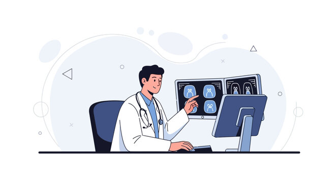 Doctor analyzing dental x-rays on computer screen, modern clinic illustration