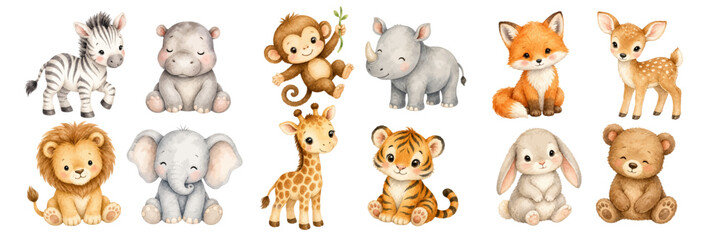 A charming watercolor collection of cute baby jungle animals featuring zebra hippo monkey rhino fox deer lion elephant giraffe tiger bunny and teddy bear in a soft nursery illustration style © liana