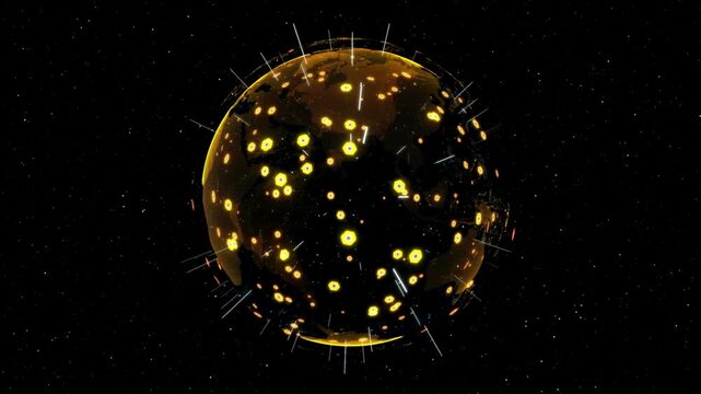 Glowing yellow sphere with white streaks in a starry black space background