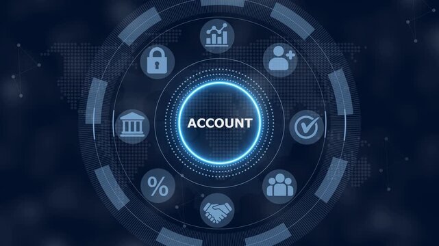 Digital interface showing the word account in a glowing blue circle surrounded by various business and security on a dark background with a subtle map pattern