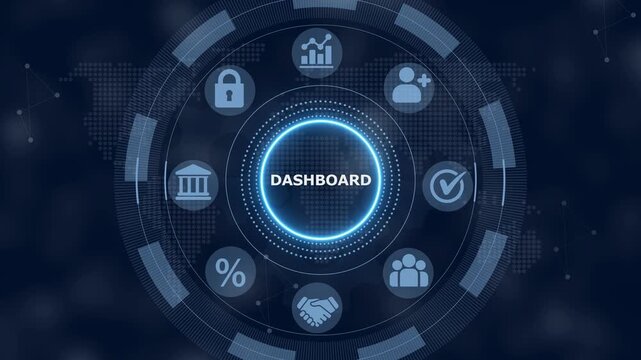 Digital interface showing the word dashboard in a glowing blue circle surrounded by various business and security on a dark background with a subtle map pattern
