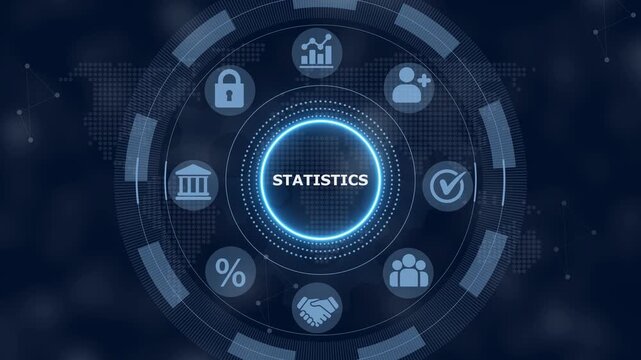 Digital interface displaying the word statistics surrounded by a circular menu with various business on a dark blue background with a subtle map pattern and glowing light