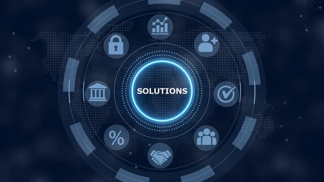 Digital interface displaying the word solutions surrounded by circular representing business growth security banking checkmarks teamwork percentages and handshake agreements