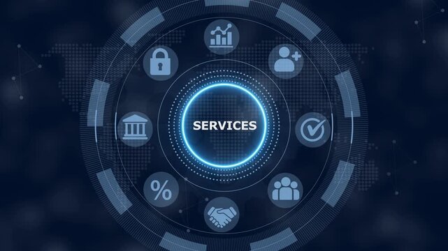 Digital interface displaying the word services surrounded by circular representing business growth security banking checkmarks teamwork percentages and handshake agreements