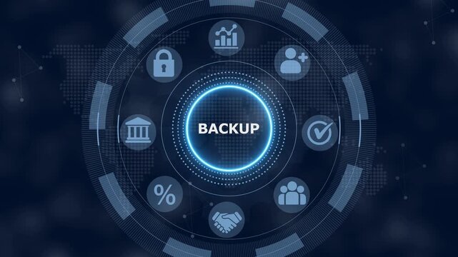 Digital interface showing the word backup surrounded by circular representing business and technology concepts on a dark blue background with a subtle map pattern