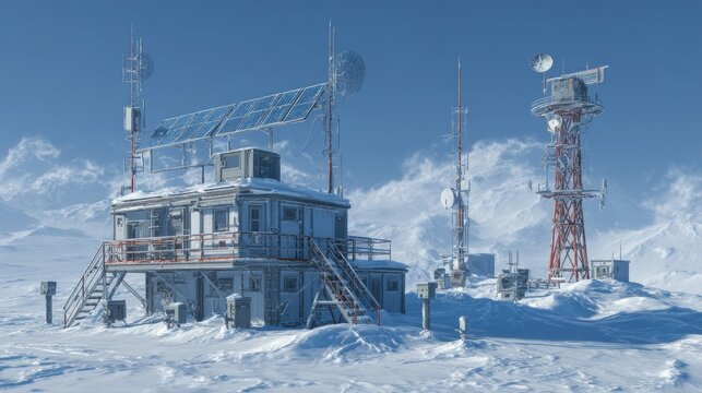 An arctic research station with communication towers, solar panels, and a red observation tower, covered in snow, under a clear sky