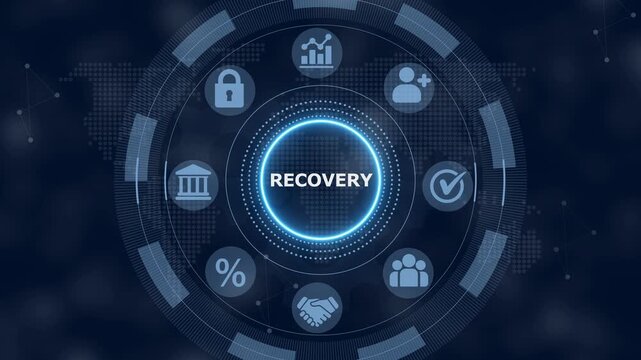 Digital interface showing the word recovery surrounded by circular representing business and technology concepts on a dark blue background with a subtle map pattern