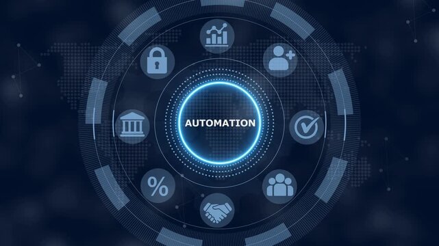 Digital interface with a glowing blue circle in the center displaying the word automation surrounded by various business on a dark blue background with a dotted map