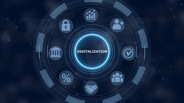 Digital interface with a glowing central circle containing the word digitalization surrounded by various business on a dark blue background with a subtle map pattern