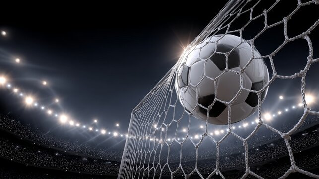Soccer ball hitting net in stadium championship vector illustration. 