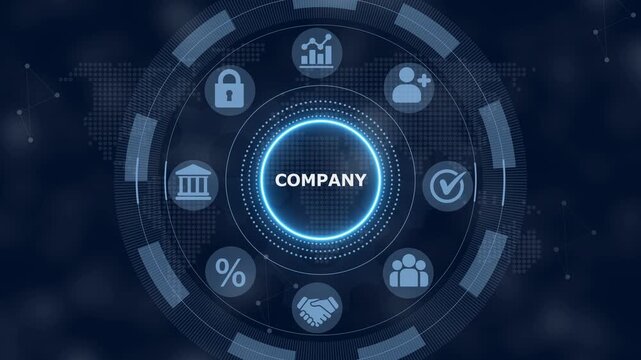 Digital interface showing the word company in the center surrounded by circular representing business management tasks and data analysis symbols on a dark blue background