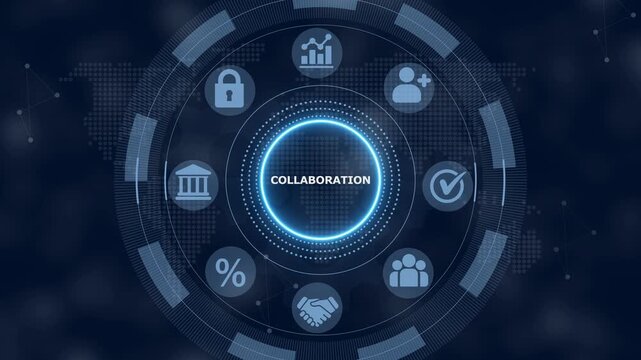 Digital interface showing the word colaboration in the center surrounded by circular representing business management and data security concepts on a dark blue background