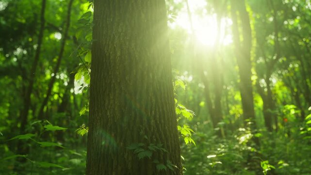 Sunlight filtering through forest tree trunk