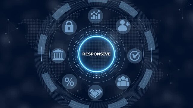 Digital interface featuring the word responsive in the center surrounded by a circular menu with various business and technology on a dark blue background with a map pattern