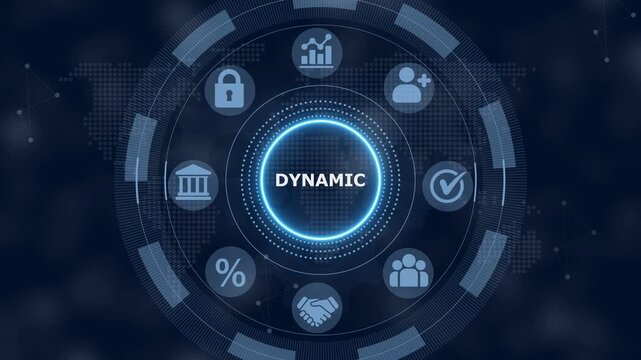 Digital interface featuring the word dynamic in the center surrounded by a circular menu with various business and technology on a dark blue background with a map pattern