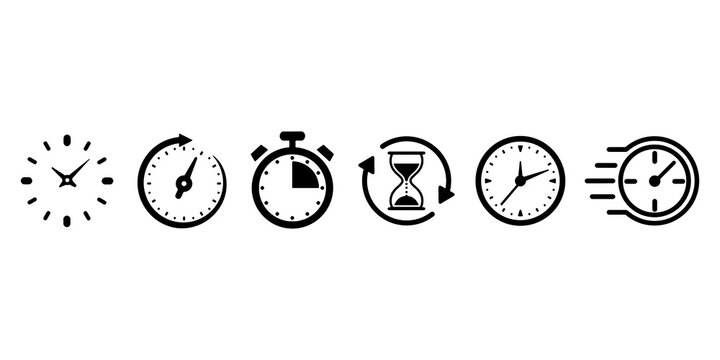 Time and clock icons set, stopwatch, timer, time management concept, progress bar loading signs, speed clock symbol, fast stopwatch line icon, watch icon