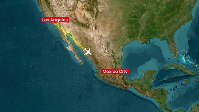 Animated plane flying path from Los Angeles to Mexico City