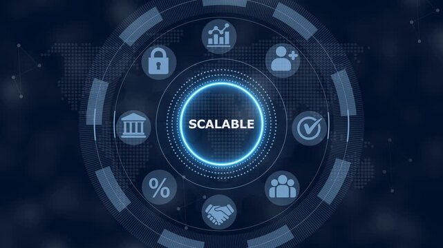 Digital interface featuring a central glowing circle with the word scalable surrounded by various business like a lock a graph a handshake and a bank on a dark blue background