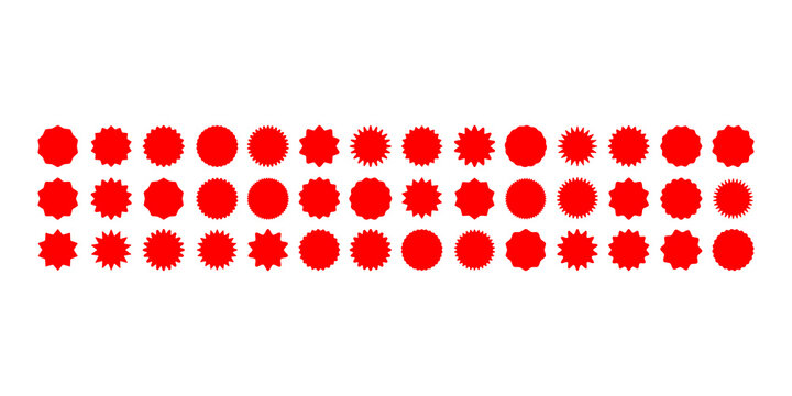 Set of red price sticker, sale or discount sticker, sunburst badges icon. Stars shape with different number of rays. Special offer price tag. Red starburst promotional badge set, shopping labels.