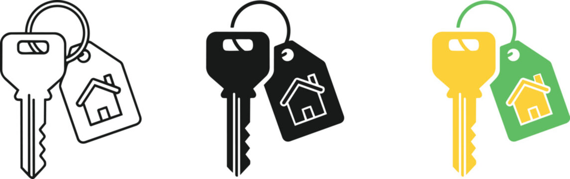 Three colorful keys with house icons on them three keys with different colored handles and house icons on the keyrings real estate key fob key tag