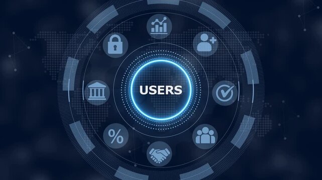 User management interface with glowing blue circular menu featuring a padlock and business symbols on a dark background with a subtle map pattern overlay
