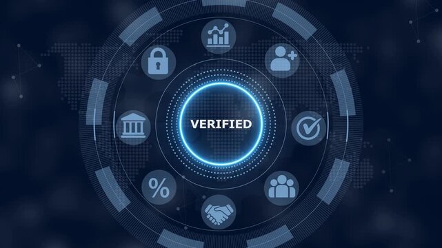 Verified status digital interface with glowing blue circular menu featuring a padlock and business symbols on a dark background with a subtle map pattern