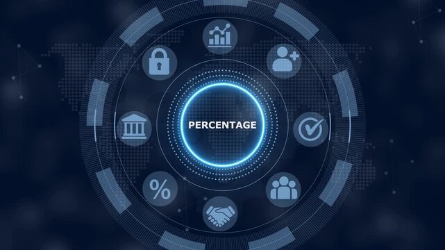 Digital interface with a glowing central circle containing the word percentage surrounded by of a bank padlock graph percentage handshake and people on a dark blue background