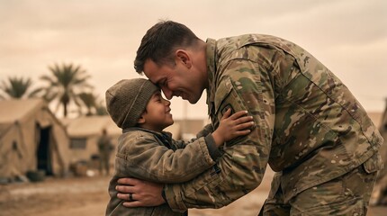 Fototapeta premium Emotional reunion a soldier embraces a young child in a war torn landscape