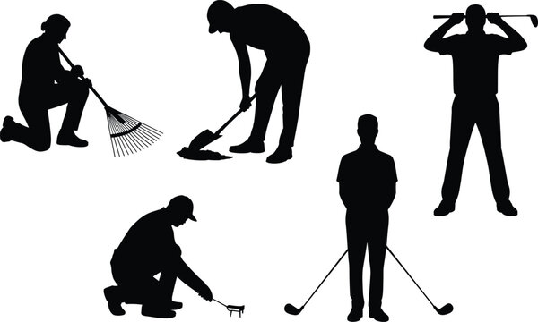 Golf players and groundskeeper silhouettes set with maintenance raking digging and sport activity collection