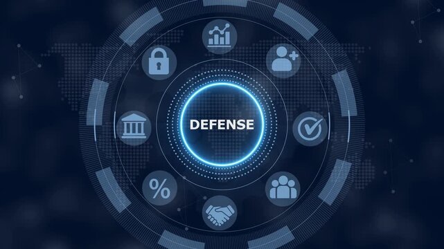 Digital interface showing the word defense surrounded by a circular menu with various including a padlock a building a handshake and a graph on a dark blue background