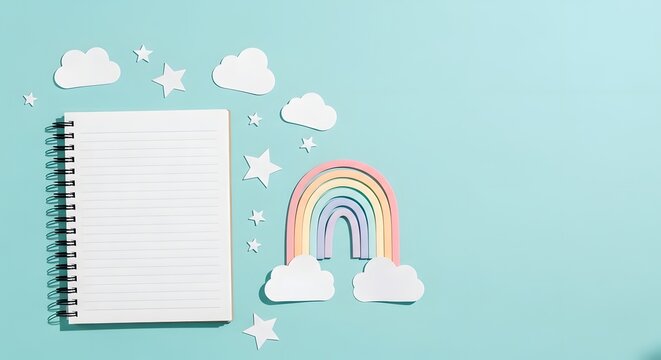 Rainbow and notebook on light blue background