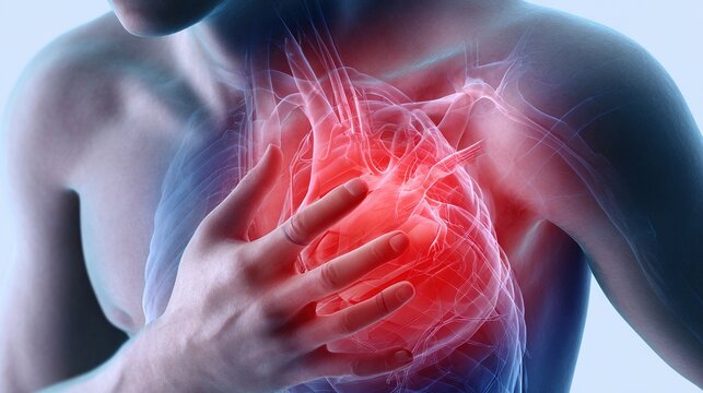 Angina Pectoris medical concept illustration, chest pain caused by coronary artery stenosis and myocardial ischemia, cardiovascular disease anatomy diagram, stable and unstable angina symptoms, 