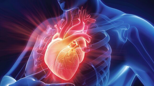 Angina Pectoris medical concept illustration, chest pain caused by coronary artery stenosis and myocardial ischemia, cardiovascular disease anatomy diagram, stable and unstable angina symptoms, 